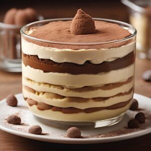Immagine di un tiramisù decorato con cacao, con uova e zucchero sullo sfondo per illustrare la pastorizzazione.